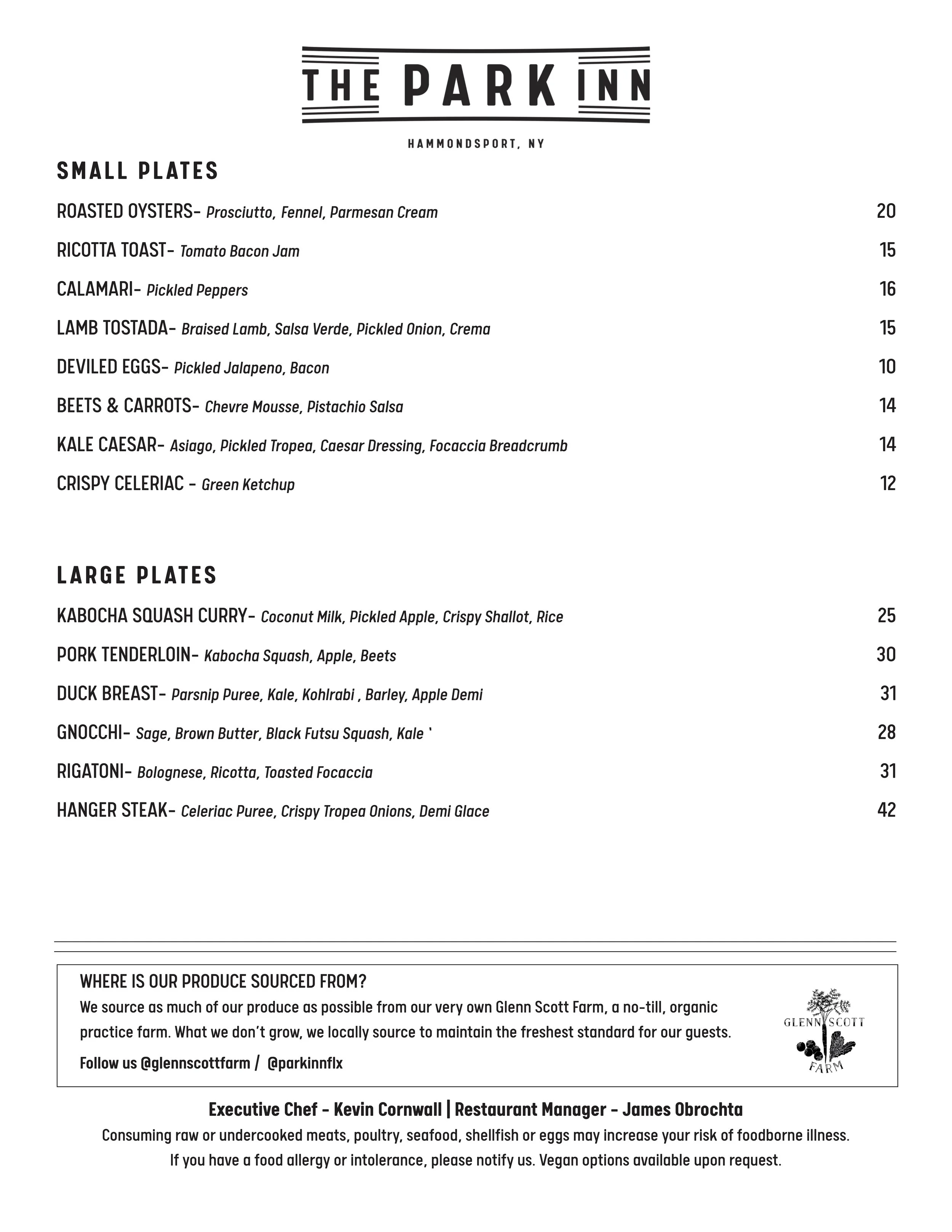 The Park Inn Menu - October 2026 with Roasted Oysters, Ricotta Toast, Calamari, Lamb Tostada, Deviled Eggs, Beets & Carrots, Kale Caesar, Crispy Celeriac, Kabocha Squash Curry, Pork Tenderloin, Duck Breast, Gnocchi, Rigatoni, Hanger Steak