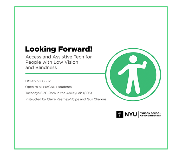 This course is a survey of assistive technologies for people with low vision and blindness. Guest lectures from leaders in the field and people with lived experience help students learn about low-vision and blindness accessibility across several domains. In the second half of the class, students partner with each other and clients/community members to develop their own projects (2016 and 2018) .