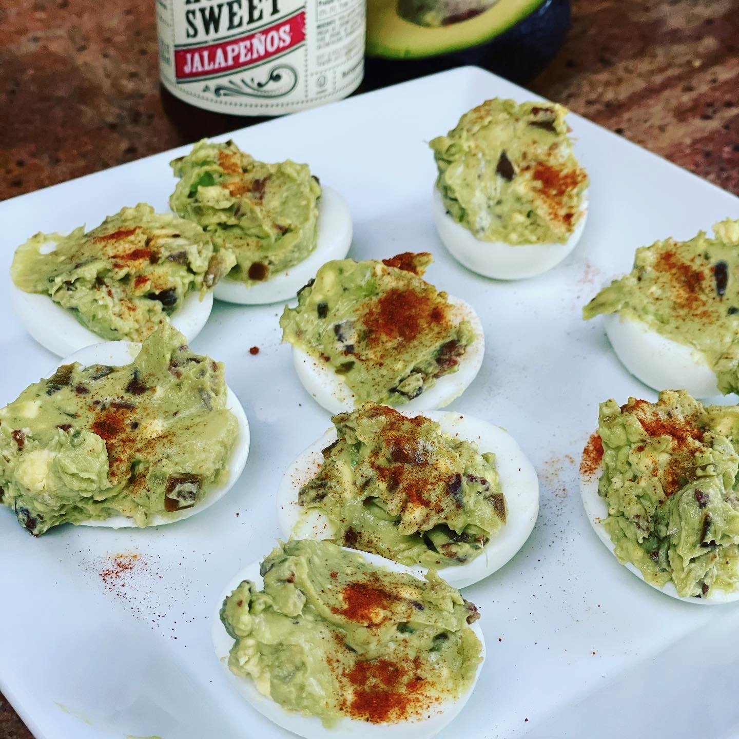 Avocado, bacon and pickled jalapeño deviled Eggs