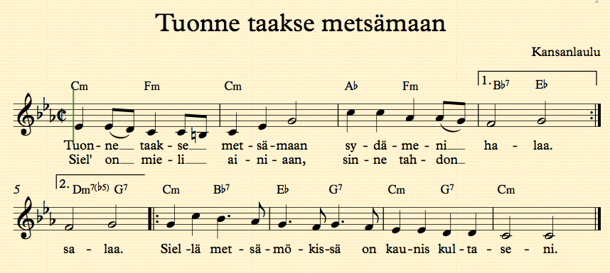 Tuonne taakse metsämaan -harjoituskappale.