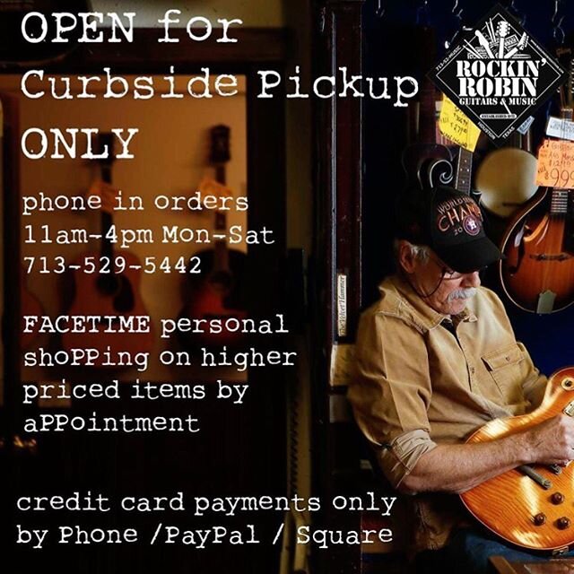 Repost from @rockinrobinhouston
&bull;
OPEN for Phone-in &amp; Curbside pickup orders ONLY. Starting Friday April 24th 🤘🏼
.
.
.
. .
.
#insidetheshop
#thatlittleguitarshopfromtexas
#handmade
#guitarstories
#cheapsunglasses
#mahogony
#rosewood
#elect