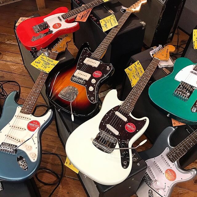 All kinds of new Fender Squire guitars and basses in stock now! 🔥🔥🔥 #fendersquier #squireguitars #squirebass #squirebyfender .
.
.
.
.
. .
.
#insidetheshop
#thatlittleguitarshopfromtexas
#handmade
#guitarstories
#cheapsunglasses
#mahogony
#rosewoo