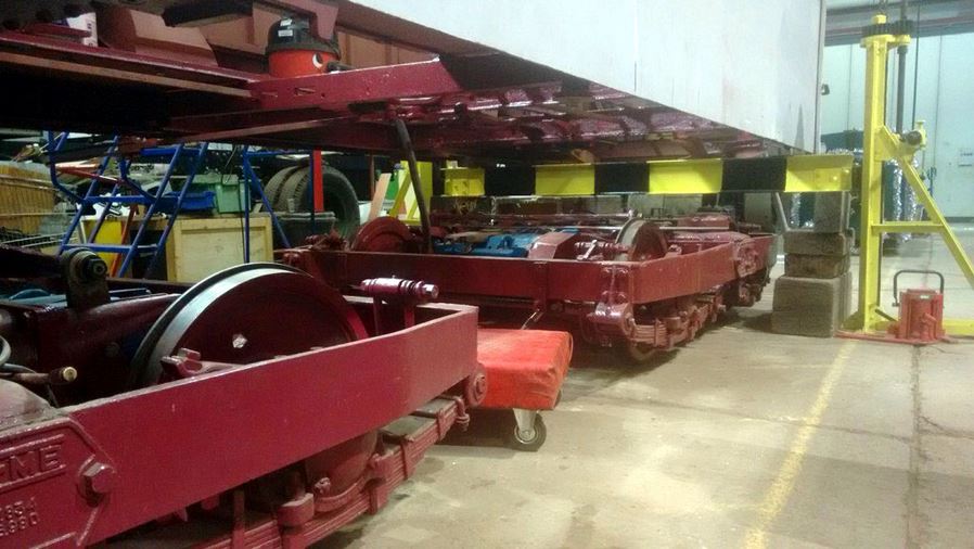  Side view of both bogies being lined up prior to lowering.   ( Henry Hoover anxiously hoping someone notices his nozzle ) 