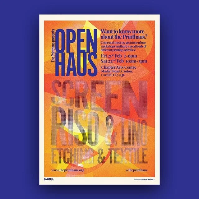 Here is the poster design for @theprinthaus OPENHAUS open day event. It&rsquo;s gonna be great to see this printed and posted all over the place and watch those half tone textures come to life. #typeography #designfeed #layoutdesign #printmaking #car