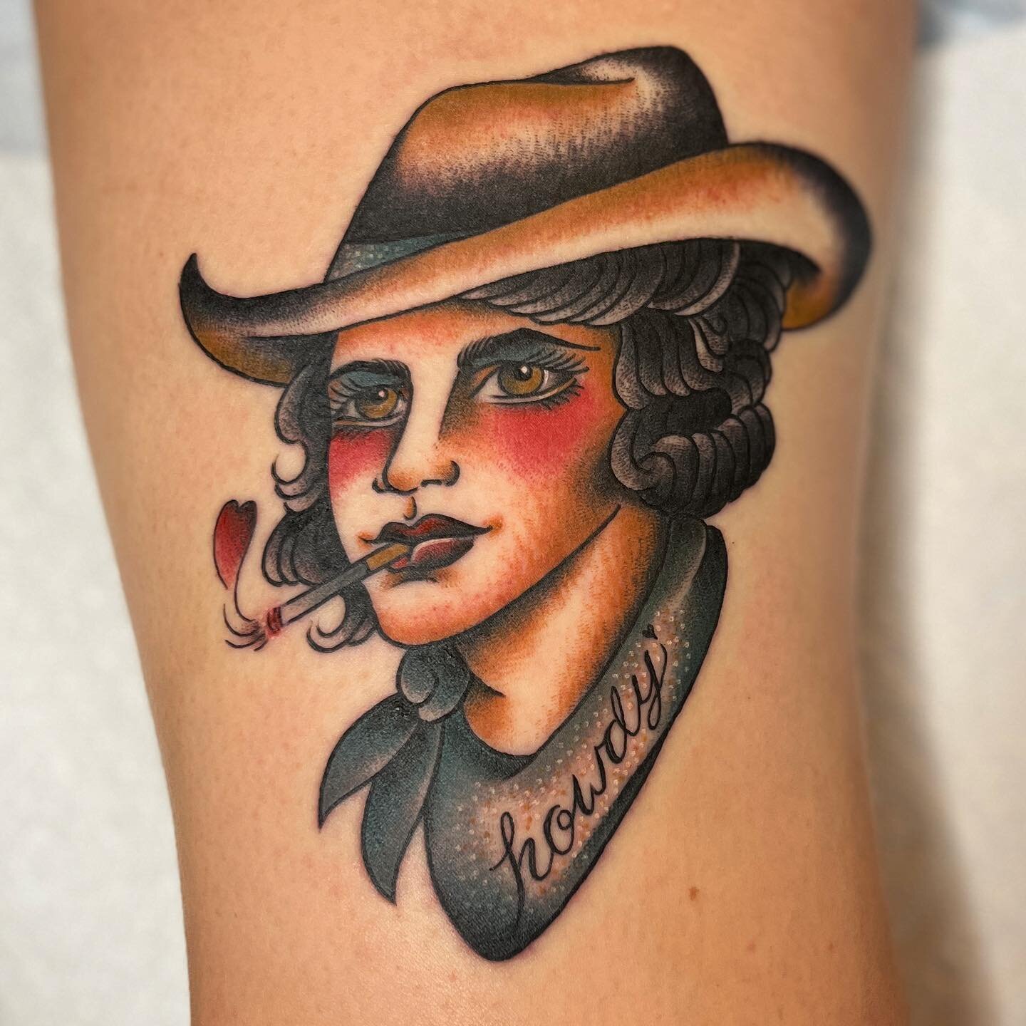 Many thanks to Mary for choosing this tough rhinestone cowgirl from my one-off flash designs, and for sitting so well while getting her inner-thigh tattooed!

I&rsquo;ve also got a couple of appointments open for flash later this week, if you&rsquo;d