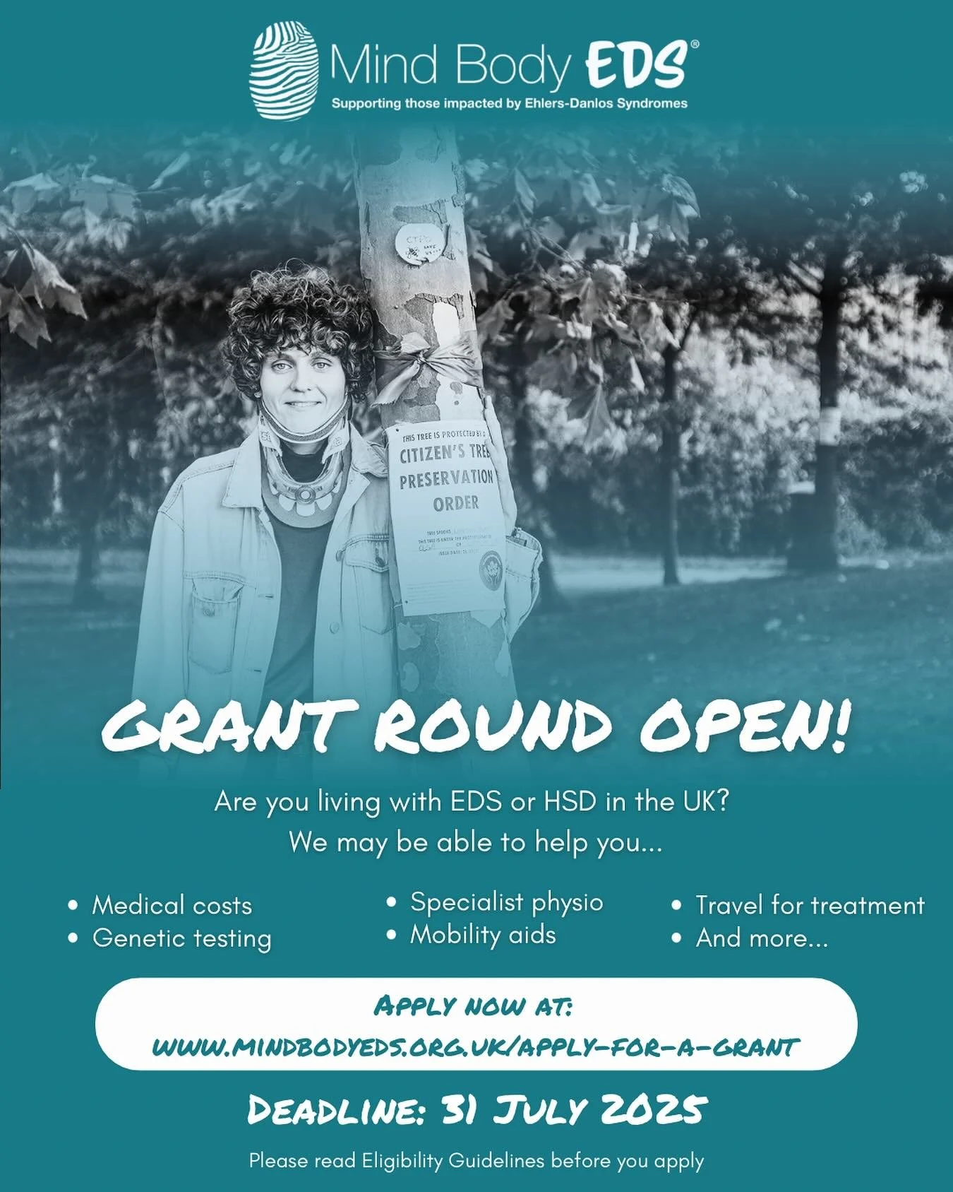 🌟Our next GRANT ROUND is now OPEN!🌟

If you or someone you know is living with Ehlers-Danlos Syndromes (EDS) or Hypermobility Spectrum Disorders (HSD) in the UK, we may be able to provide financial support for critical care and treatment.

Our gran