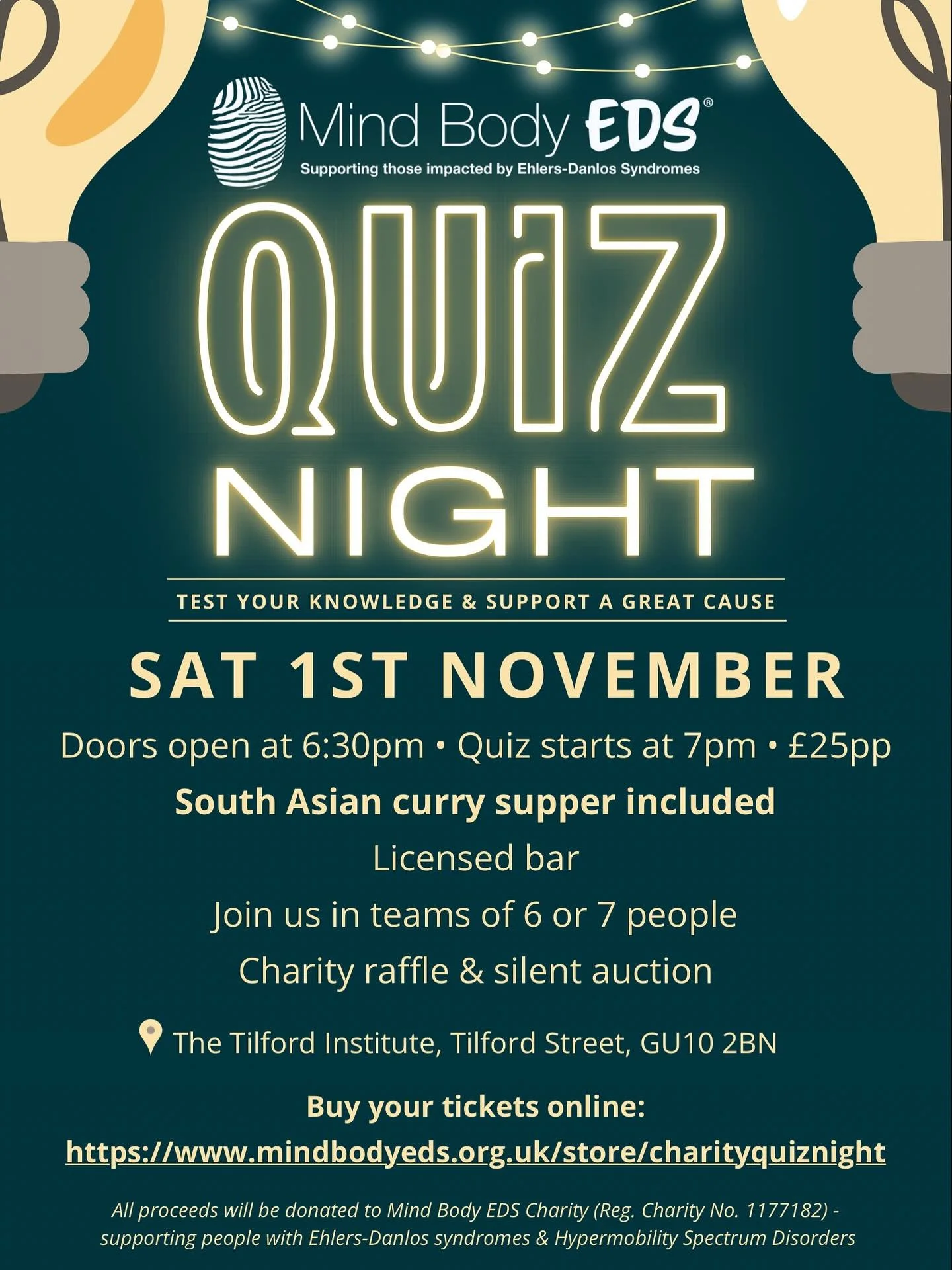 🧠✨ Quiz Night is back! ✨🧠

Join us for an unforgettable evening of fun, food and fundraising at the Mind Body EDS Charity Quiz Night!

📅 Saturday 1st November
📍 The Tilford Institute, Tilford, Surrey
🍛 South Asian curry supper included
🍹 Licens