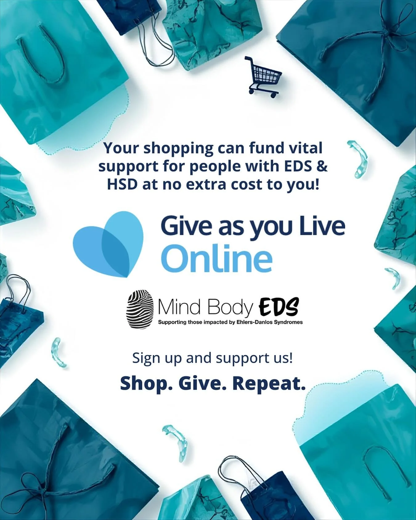 ✨ Turn your everyday shopping into everyday giving! ✨
Did you know you can raise free funds for Mind Body EDS just by shopping online, at no extra cost to you? 🩵
Through @giveasyoulive thousands of retailers (like M&S, Boots, ASOS, John Lewis