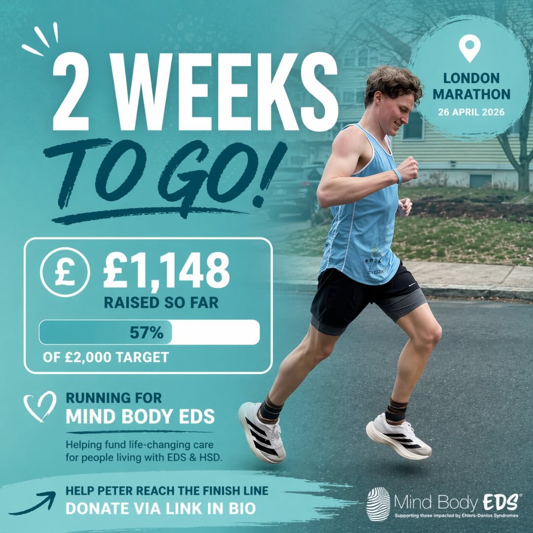 2 weeks to go until @peter.gause runs the London Marathon!🏃&zwj;♂️🩵💫

Peter has raised 57% of his &pound;2,000 target. Every donation helps us provide life-changing care to people living with EDS &amp; HSD.

Let&rsquo;s get him to the finish line 