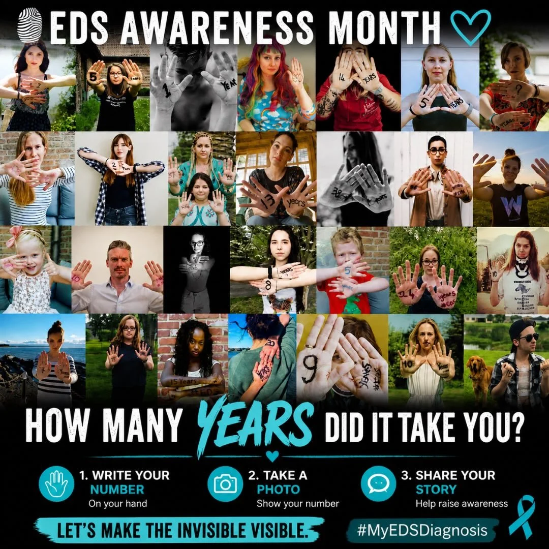 May is EDS Awareness Month 🩵🦓🌟

For many people living with Ehlers-Danlos syndromes (EDS) and Hypermobility Spectrum Disorders (HSD), the journey to diagnosis is long, exhausting, and often filled with being dismissed or misunderstood.

So we&rsqu
