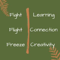 Graphic of Fight, Flight, Freeze on one side of a line; and Learning, Connection and Creativity on the other side of the line