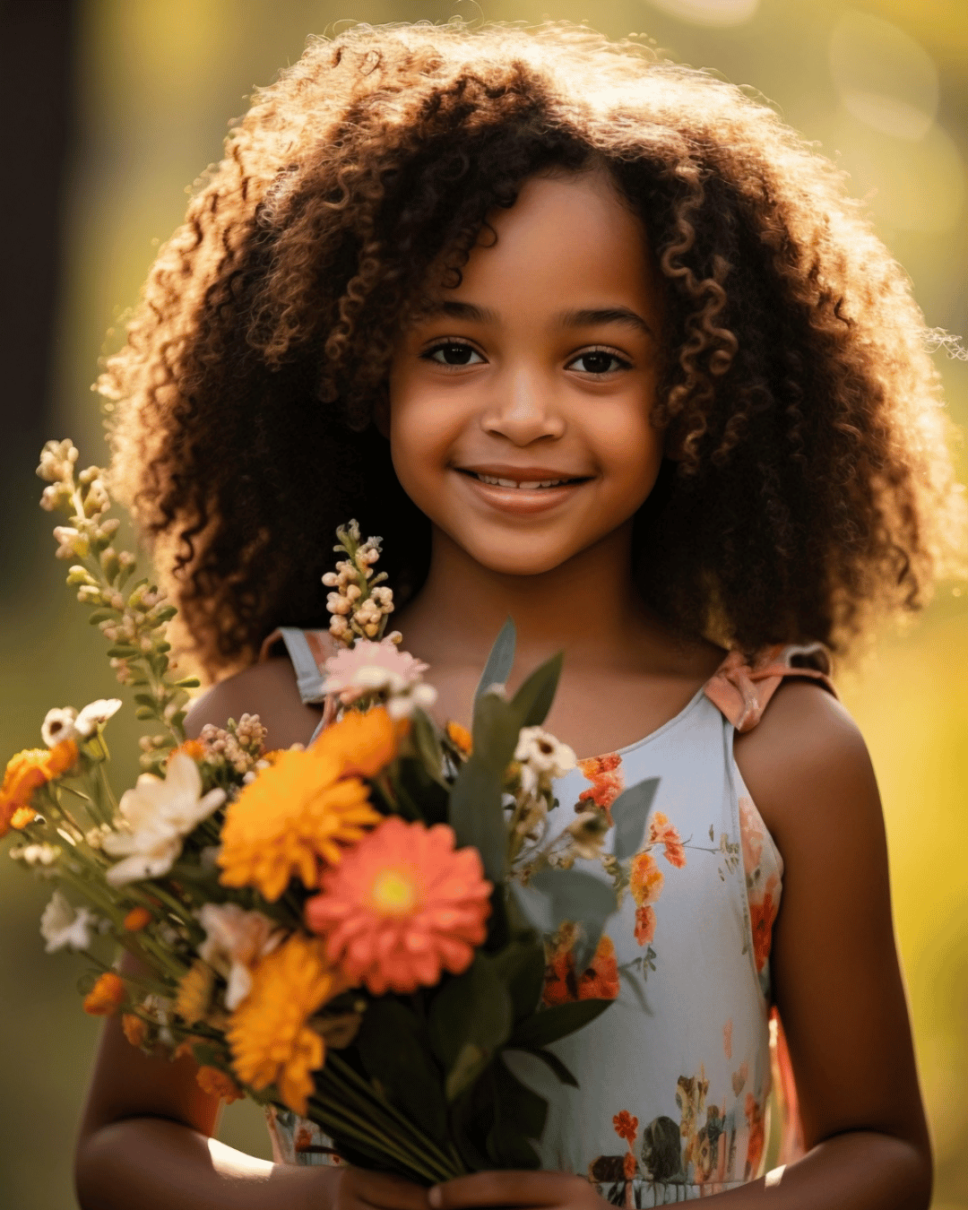 a smiling little girl holding a large bouquet of wildflowers