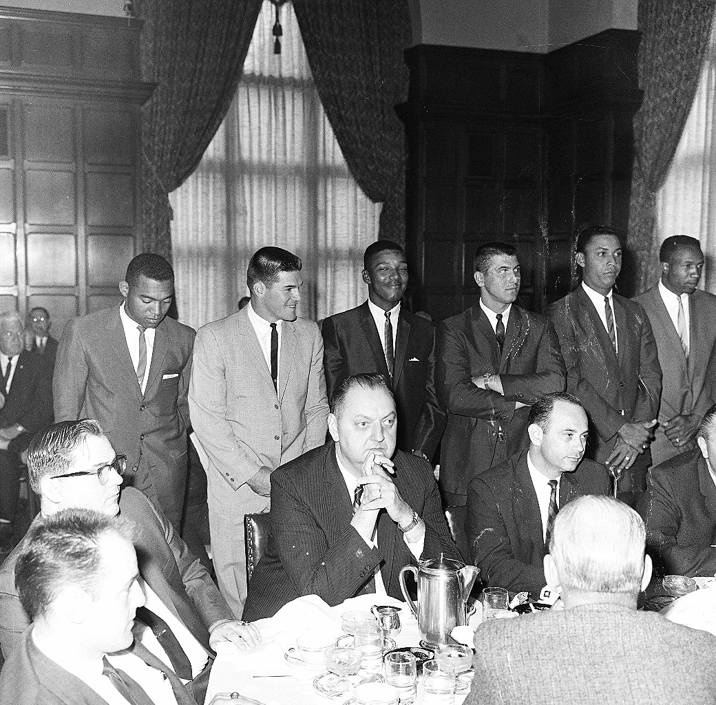 Left to right at the 1965 "Meet the Reds" luncheon in Cincinnati were Tommy Harper, Pete Rose, Vada Pinson, Don Pavletich, Tony Perez, and Frank Robinson.