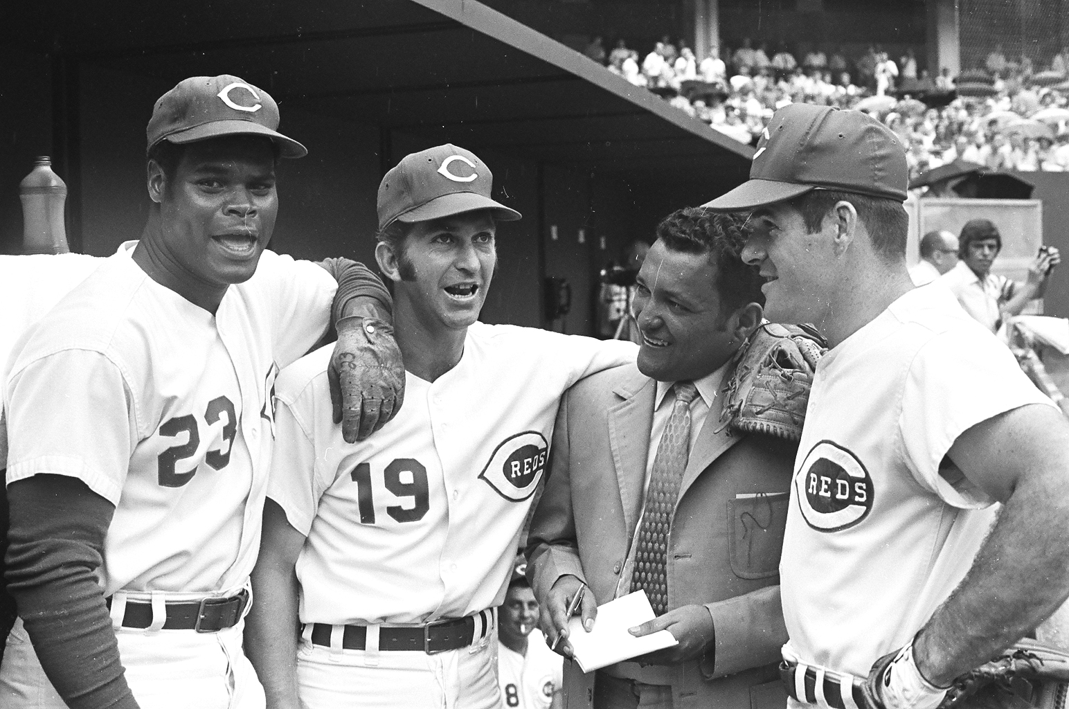  (Left to right): Lee May, Tommy Helms, Pete Rose (far right), 1970 or 1971 regular season, Riverfront Stadium.       