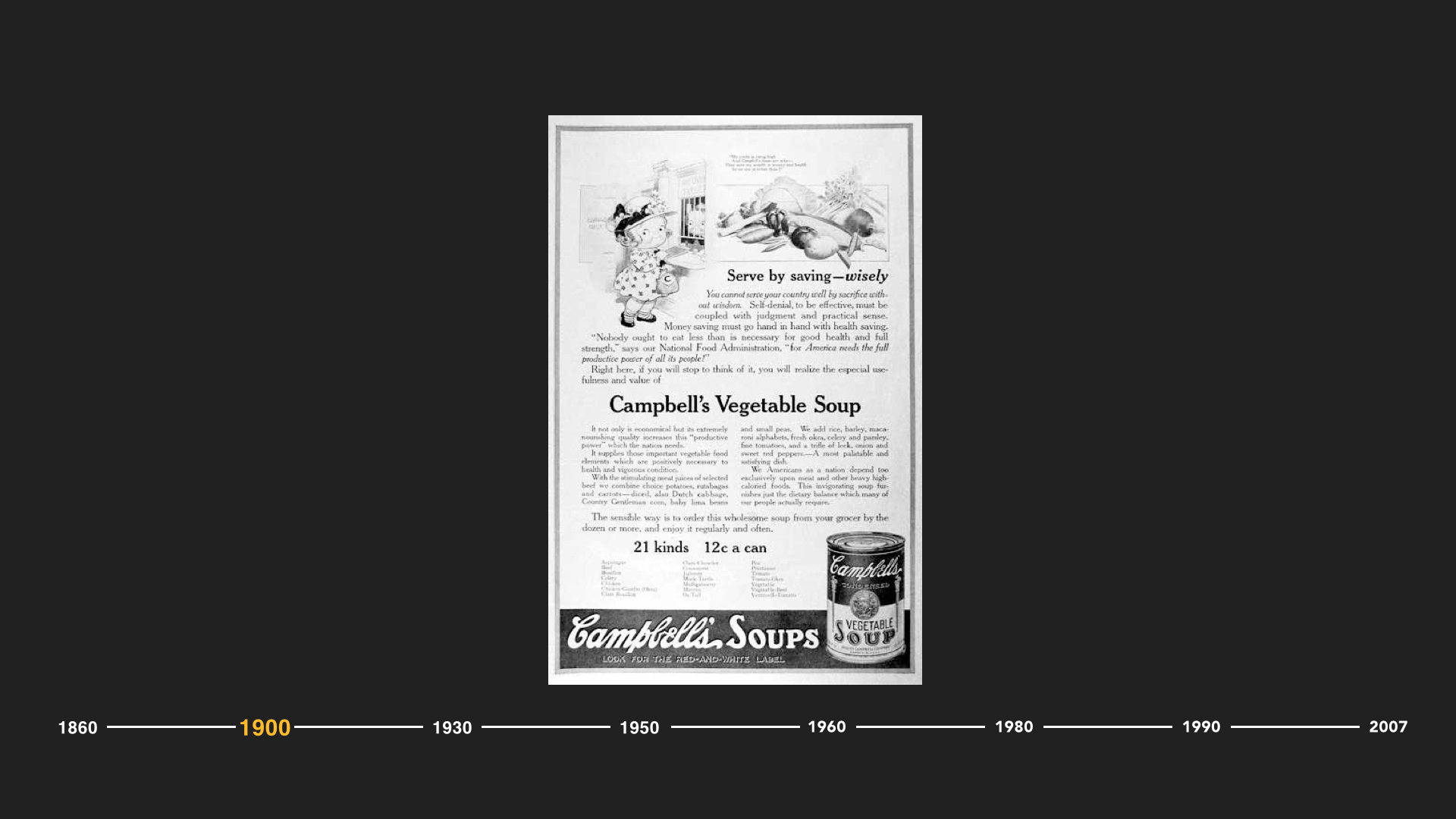 And with the growing desire for more healthy food solutions, Campbell's was born. Due to the immense demand from the World War I soldiers for a nutritious soup, Campbell’s introduced what would become an American staple, their Vegetable Beef soup. Campbell's invented a scientific process for reducing water from the can that revolutionized the soup industry.