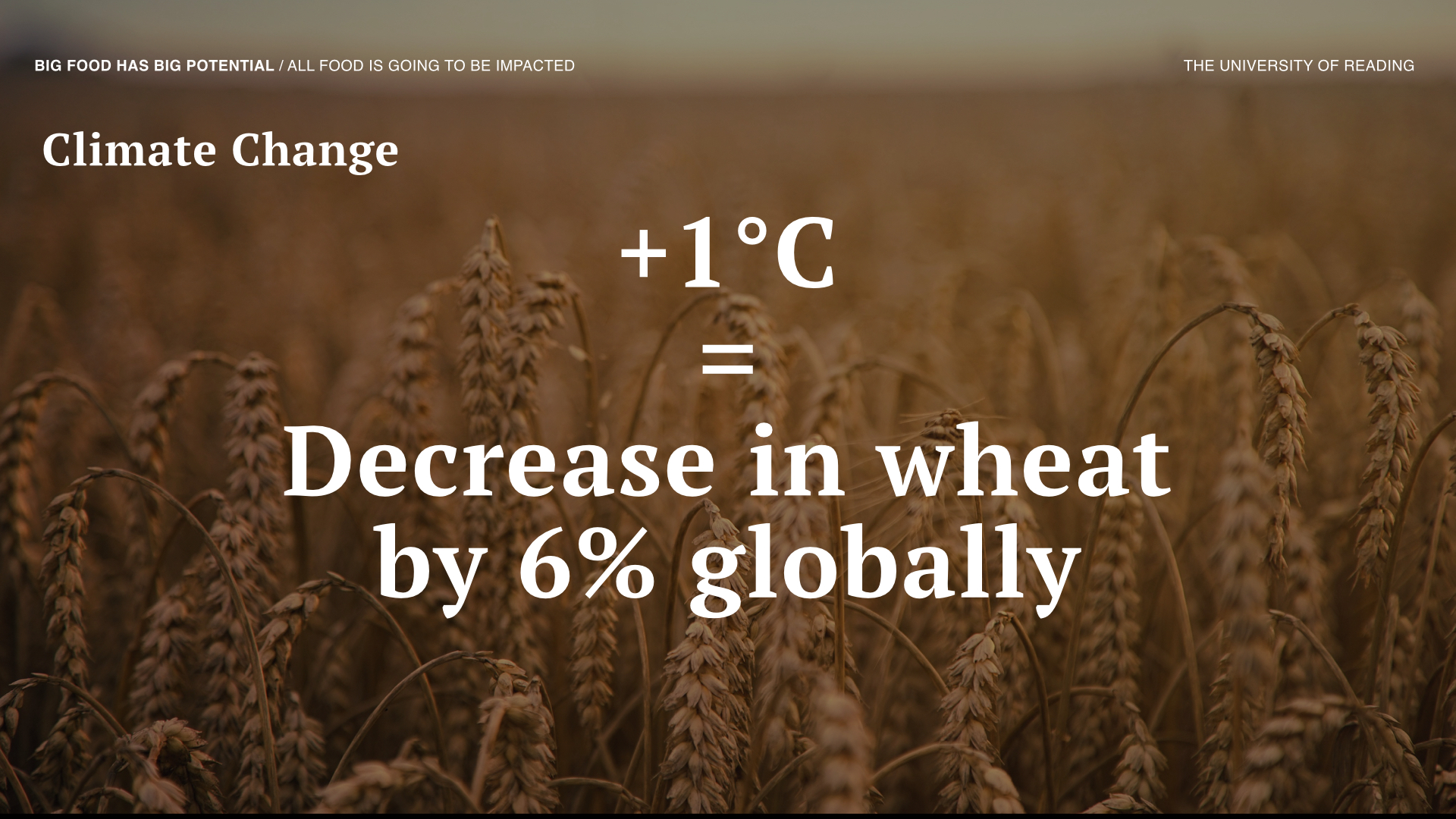  Climate change will affect food production drastically. For every one degree Celsius rise in temperature wheat production will fall by 6% globally. 