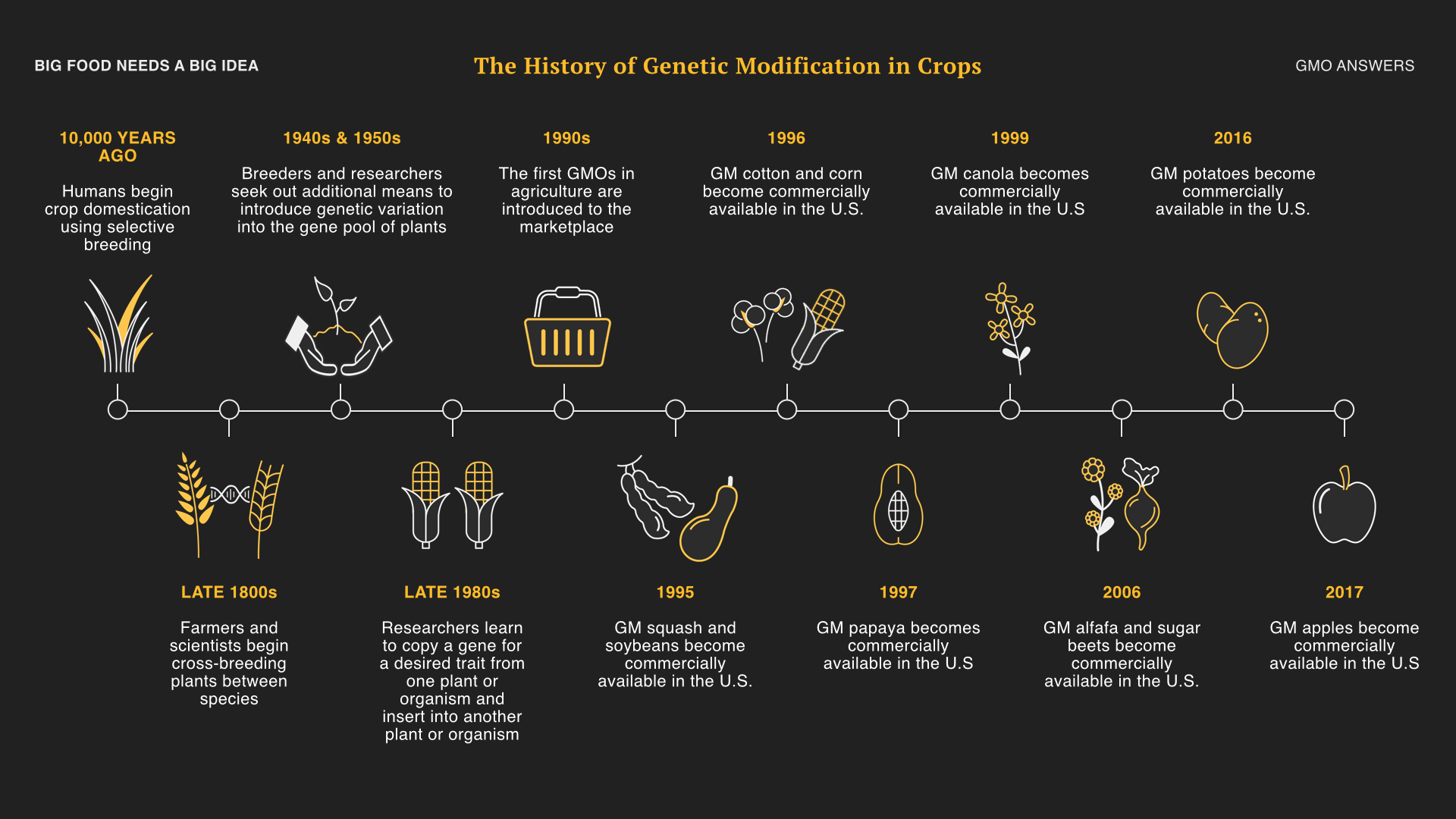 Since domestic agriculture began, 10,000 years ago, farmers have been intentionally changing the genetic makeup of all crops they grow. Every fruit, vegetable and grain that we know today has been genetically altered in some form or another.
