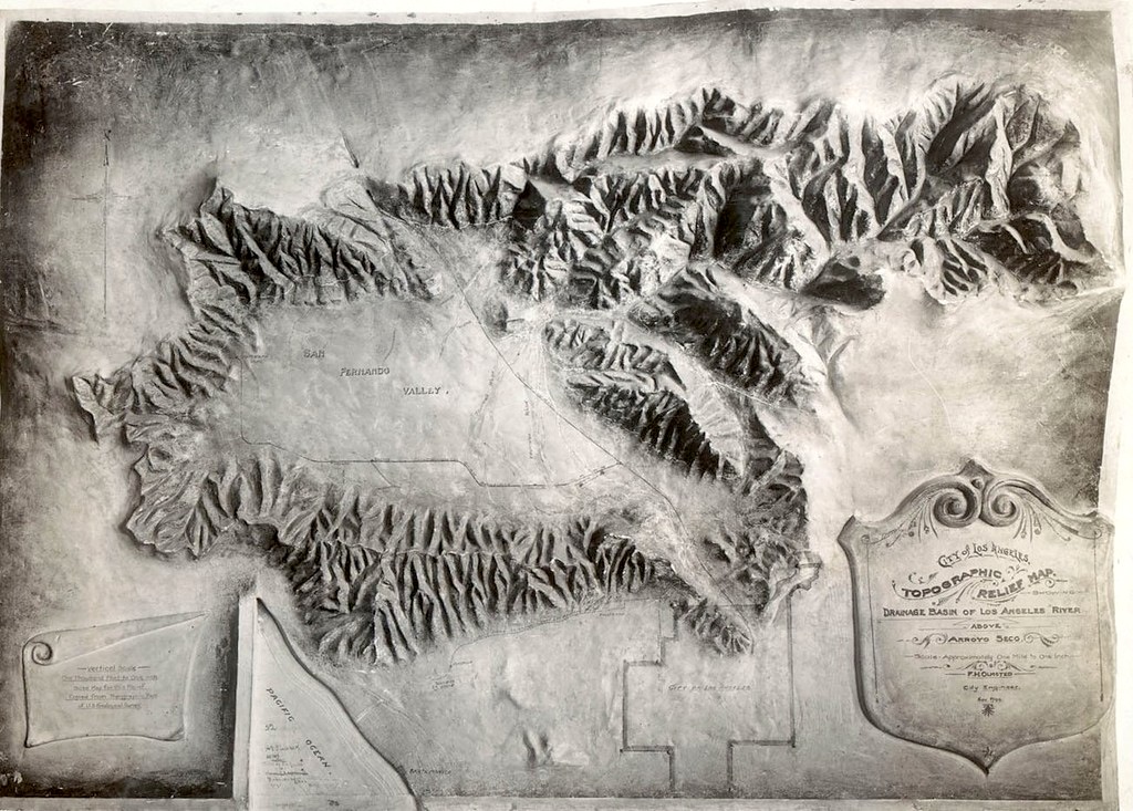  1. Topographic relief map of Los Angeles showing the narrow passage (bottom right) that connects the San Fernando Valley and the L.A. basin, 1912 