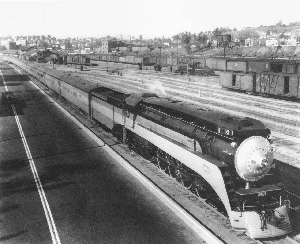  45. A Daylight locomotive at River Station Depot, adjacent to North Spring Street, 1937 