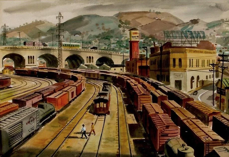 46. Painting of perspective from pedestrian bridge over River Station, 1947