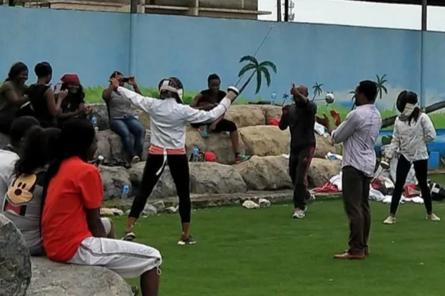 Fencing practice during a church event.