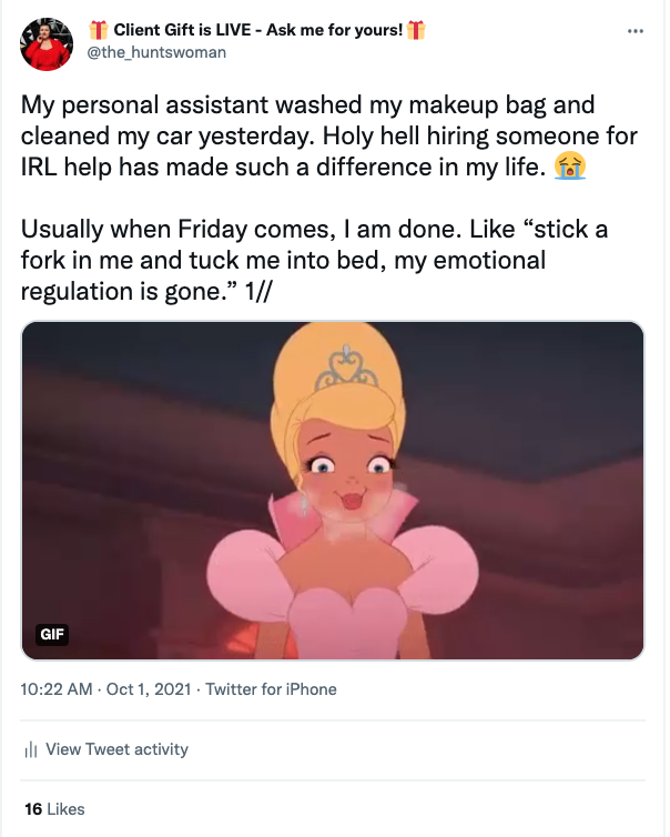 My personal assistant washed my makeup bag and cleaned my car yesterday. Holy hell hiring someone for IRL help has made such a difference in my life. Loudly crying face  Usually when Friday comes, I am done. Like “stick a fork in me and tuck me into