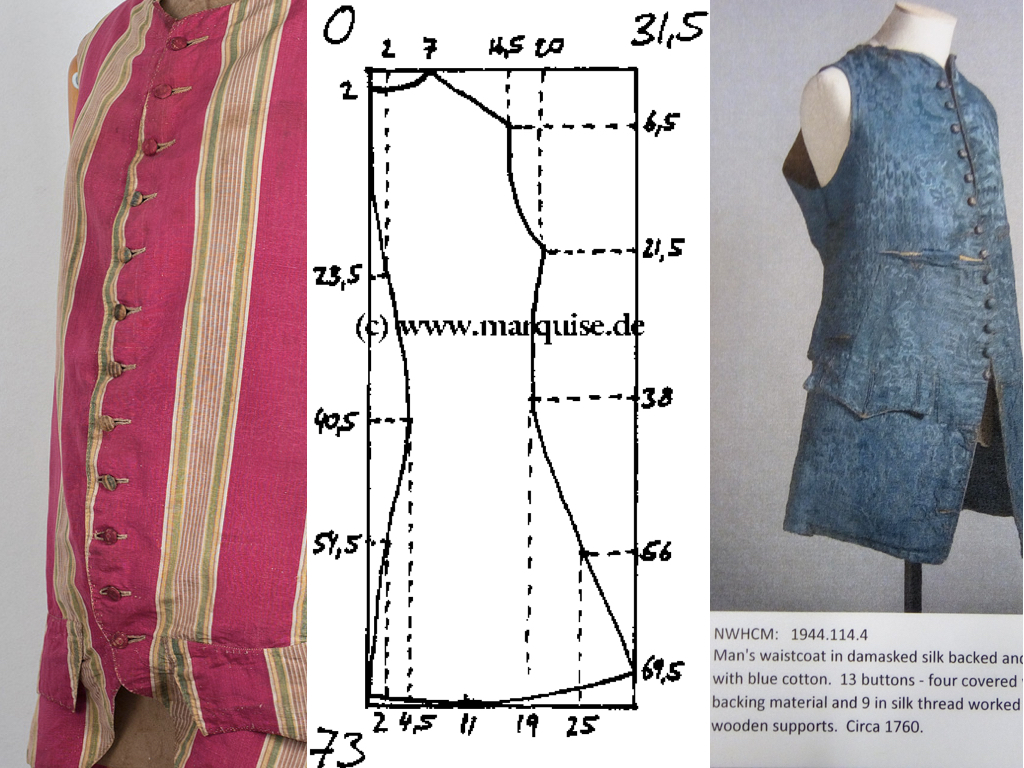 THE WAISTCOAT Although there are samples of callimanco in the archive there are no garments that illustrate what the fabrics could have been used for. I decided to create a waistcoat based on late 18th century designs. I found a pattern online and adapted it to fit Dr Michael. I also looked at some of the waistcoats in the archives, looking at details like buttonholes and pocket designs.