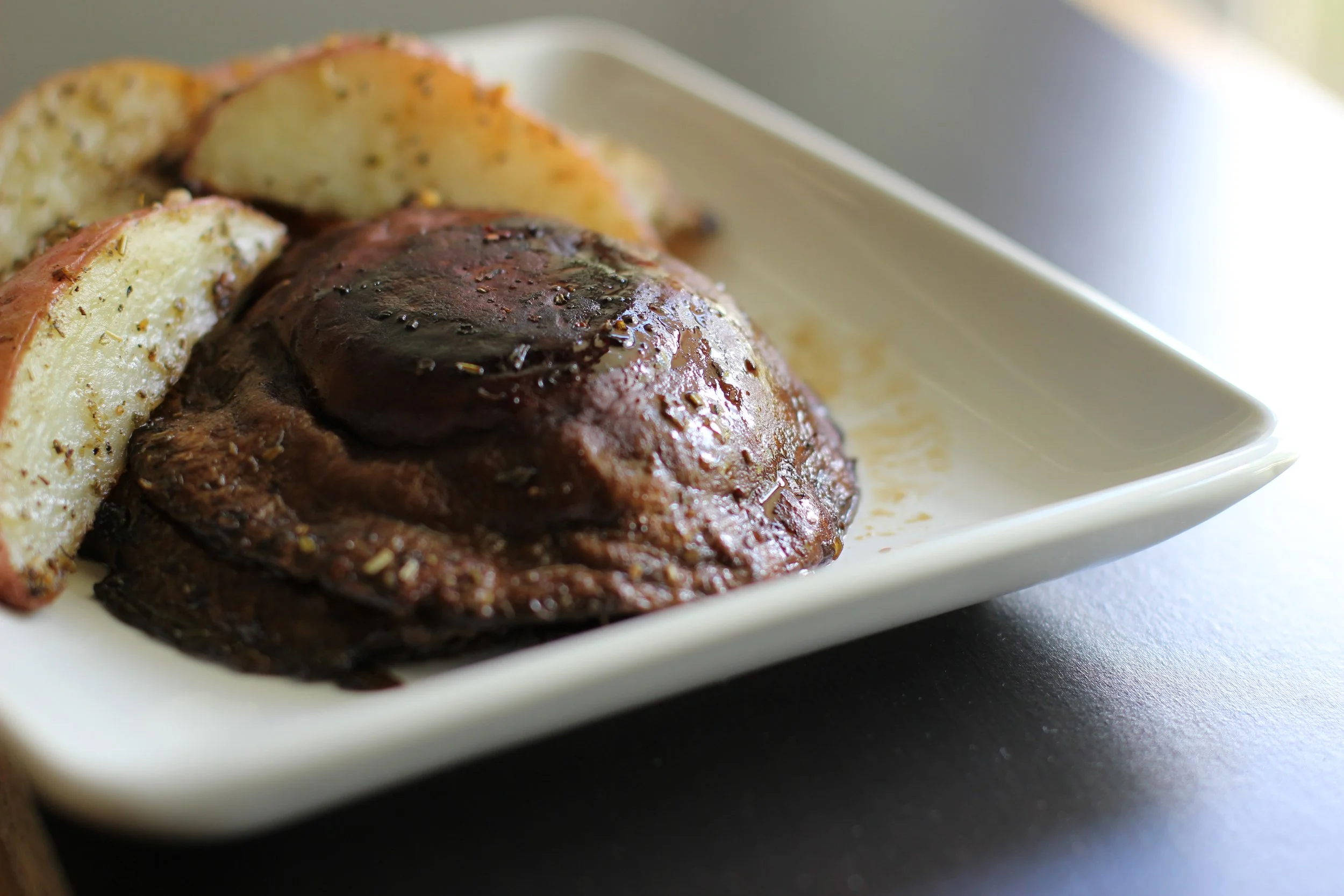 Budget Friendly Meal: Marinated Portobello, Oven Fries and Asparagus