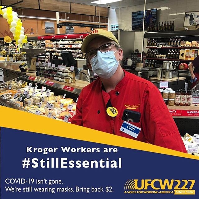 As communities gradually open up, grocery workers continue to come into contact with hundreds of thousands of customers and are at increased risk to exposure to COVID-19. They are #StillEssential. Stand with us! #ThankYou #WeDeserveMore #KrogerDoTheR