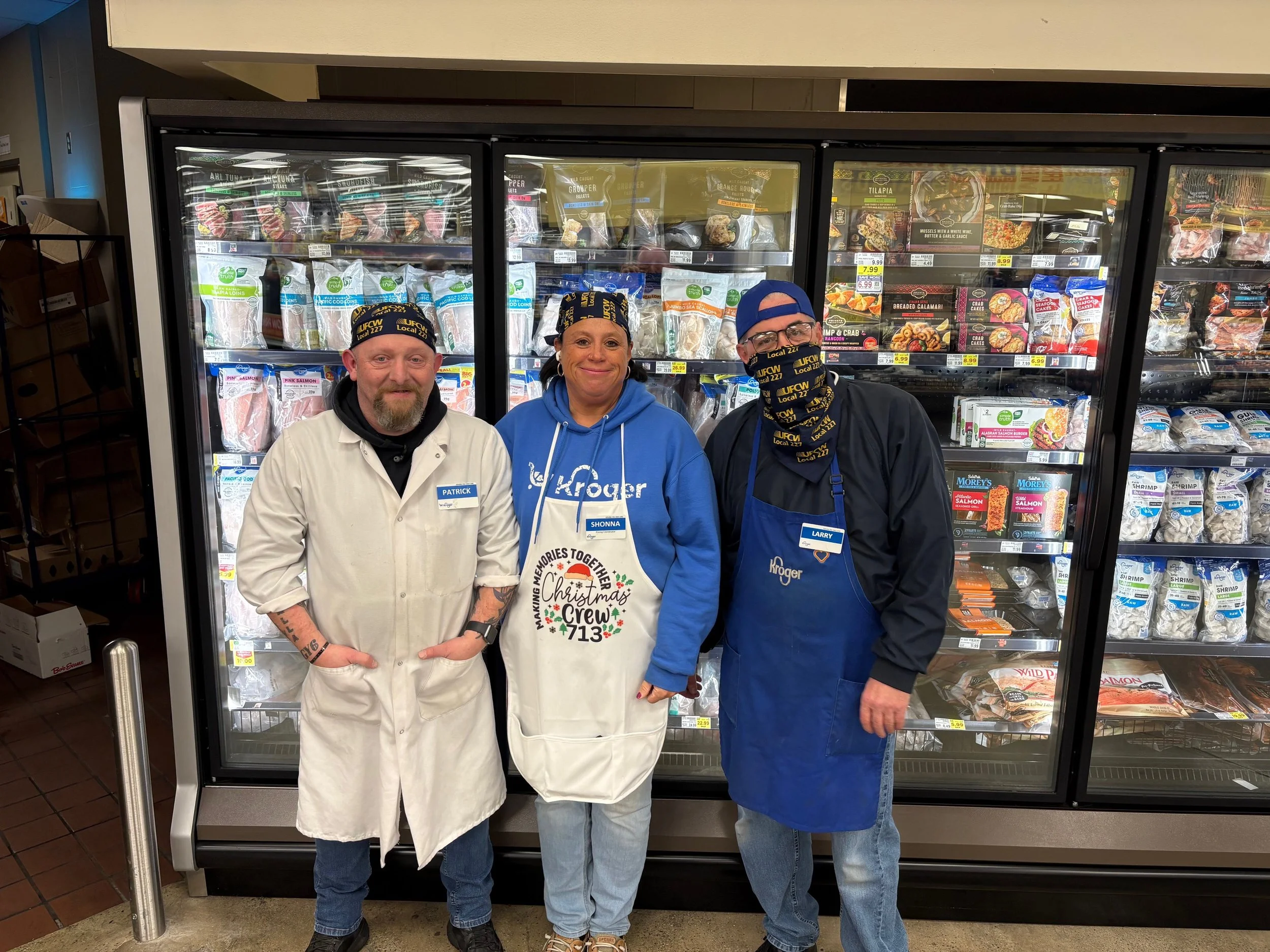 3 UFCW 227 union workers employed by Kroger wearing union swag