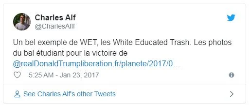Translated: A good example of WET, White Educated Trash. Photos of the student ball for the victory of @realDonaldTrump