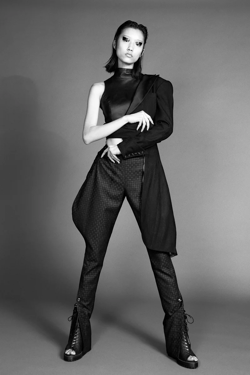 Coat & trousers Malan Breton, Top Pritch London, Shoes Dr. Martens Photography: Barry Hollywood Styling: Carlos Davis Hair: Mike Fernandez at Art Dept Makeup: Bernadine Bibiano @ Judy Casey Models: Chen Yu at Nomad Mgmt Jieun Hyeon @ Supreme Management