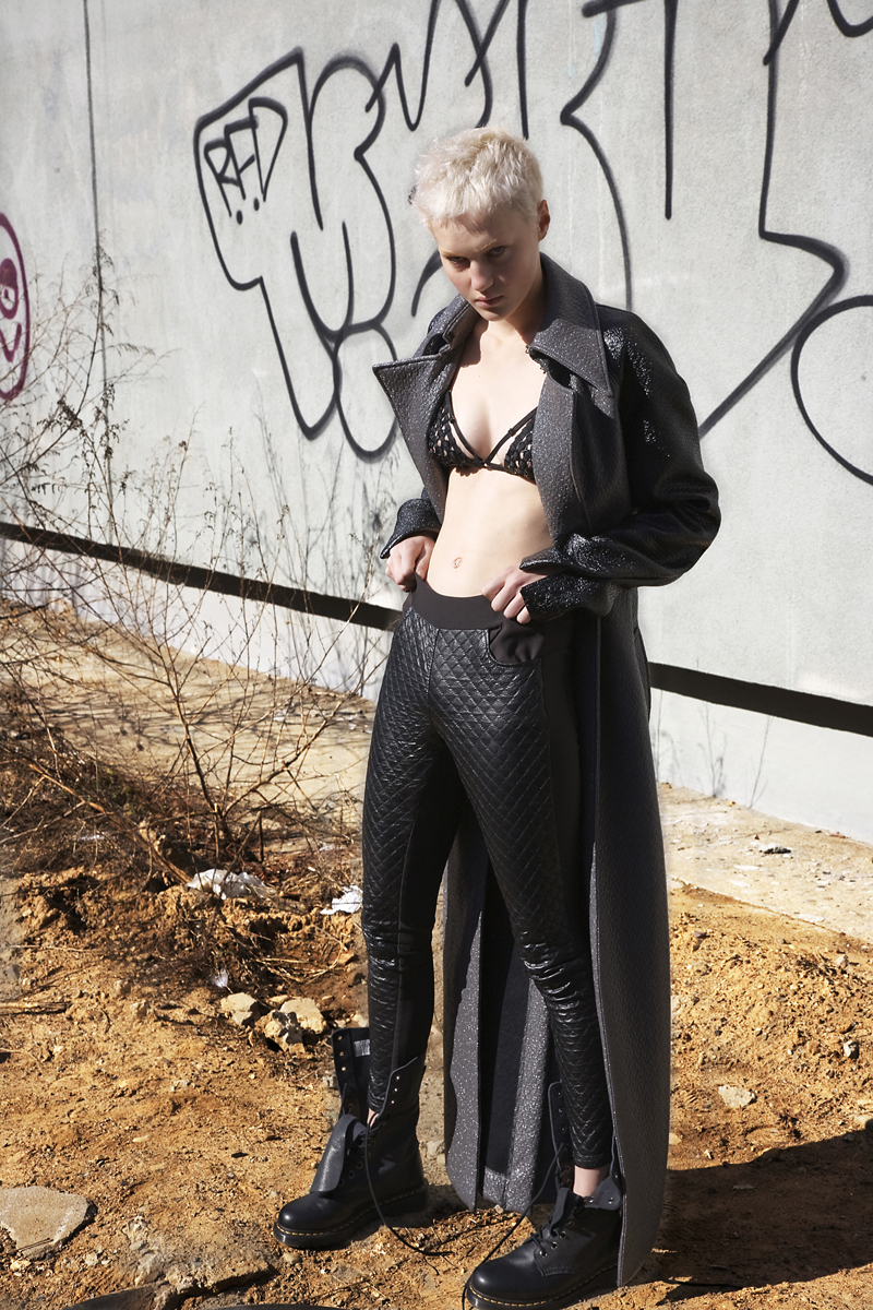 Coat Landeros, Bra top Bodybinds , Leggings Francesca Liberatore , Boots Doc Martens
