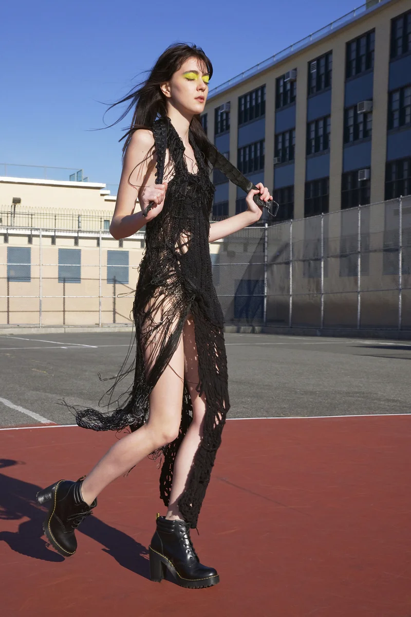 Knit Dress & Alligator Belt Ev Bessar, Heeled Boots Dr. Martens