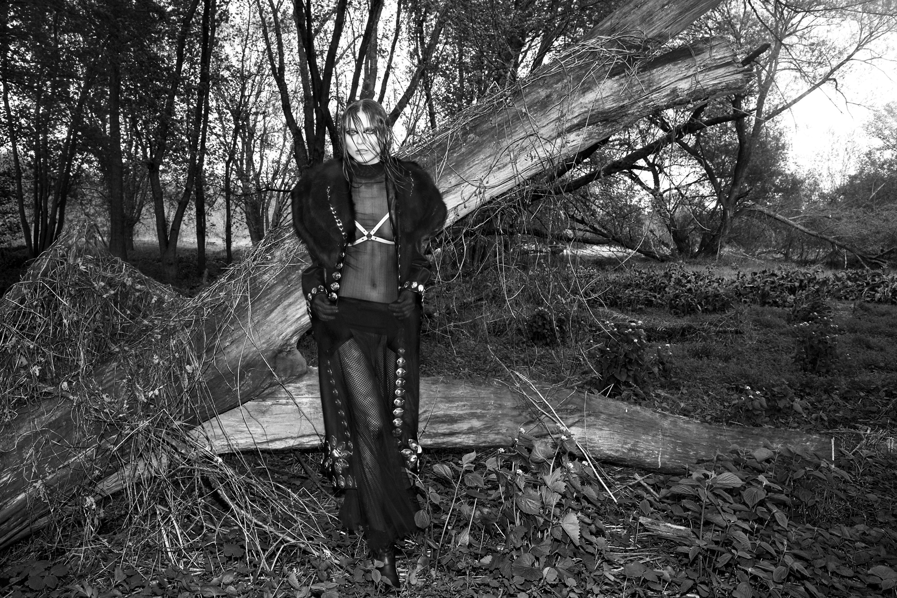 Coat Laurel Dewitt, Sheer top & skirt both Breelayne ,Harness Laruicci, Gloves LaCrasia Models own Jimmy Choo boots