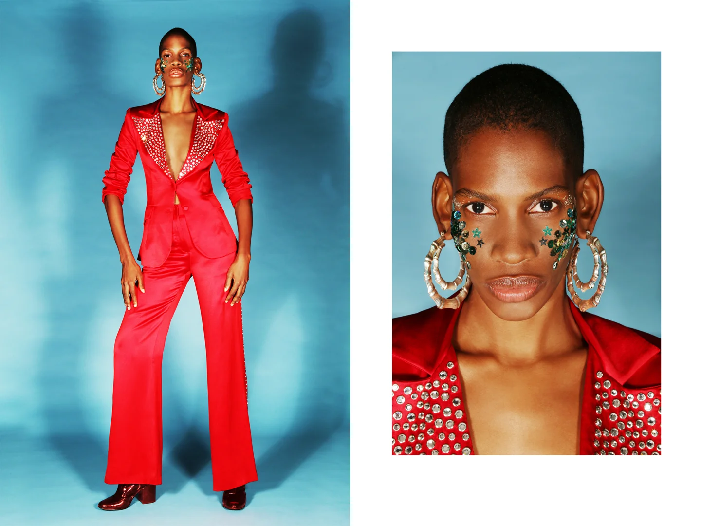 SEQUin collar jacket and coordinating pant by STELLaire, EArrings LAruicci, Vintage boots models own