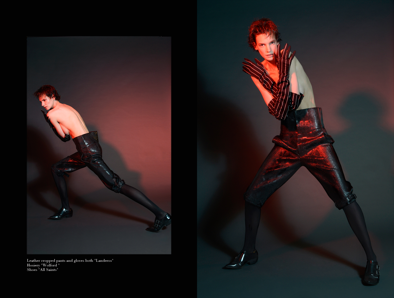 leather cropped pants and gloves by landeros, hosiery wolford, shoes All saints