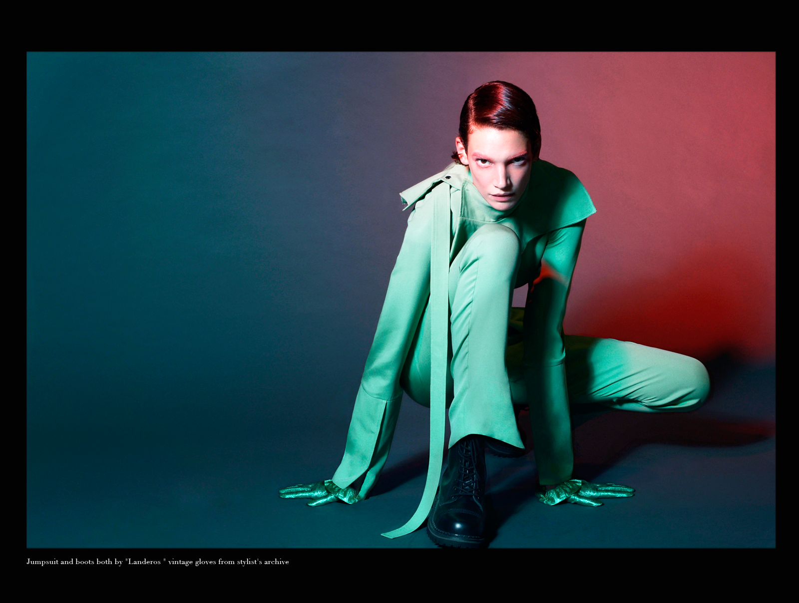 jumpsuit and boots by landeros , vintage gloves sylists own