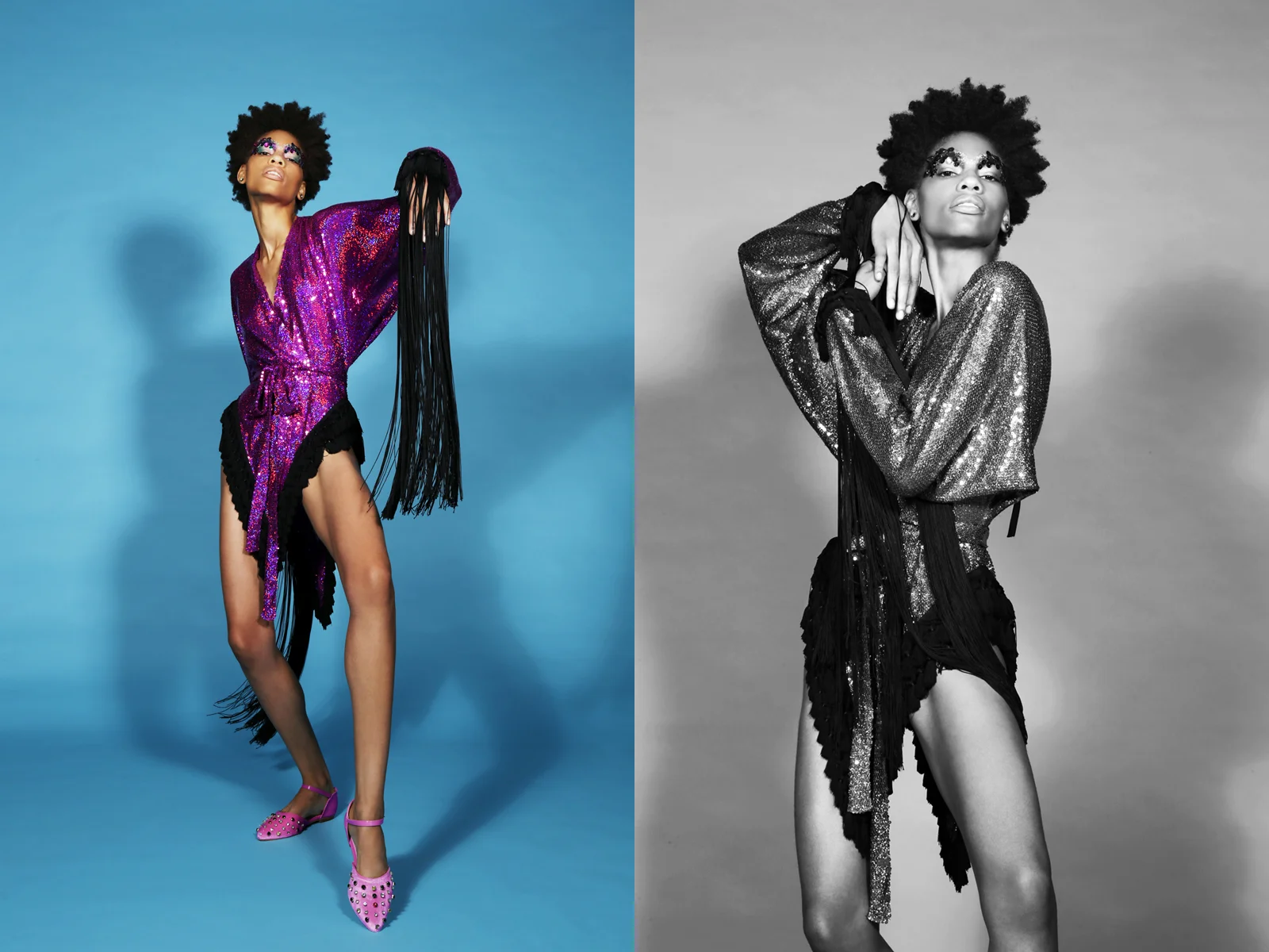 FUChsia sequin dress with fringe detail by CHENG, silk flats with rhinestone detail by stolen studios