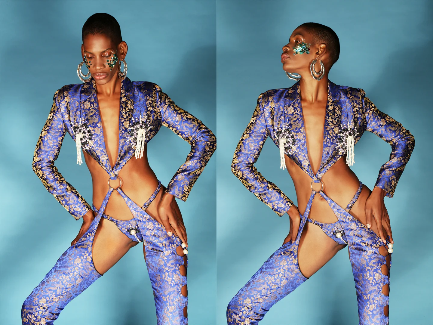 Embroidered lavender crop jacket with attached pant and coordinating brief by NAMILIA , EARRINGS LAruicci
