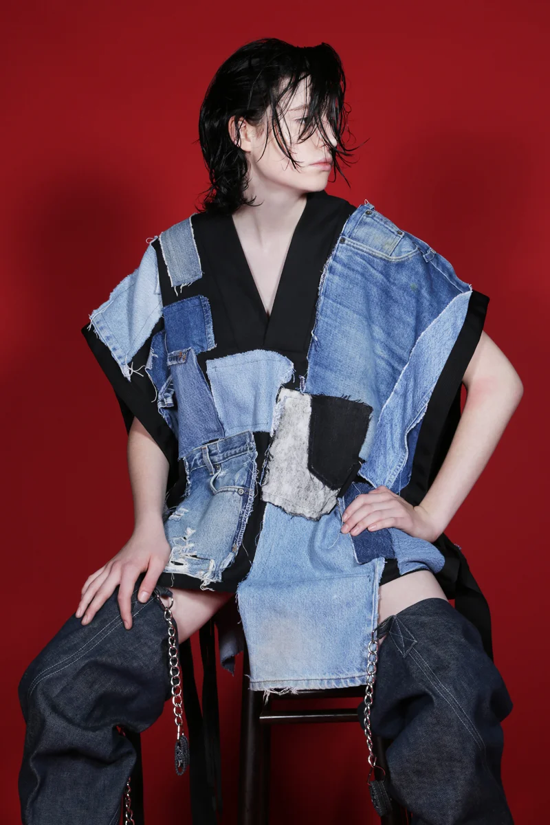 VEST BY DOPE TAVIO AVAILABLE AT PATRICIA FIELD, DENIM THIGH HIGH BOOTS BY HARDEMAN