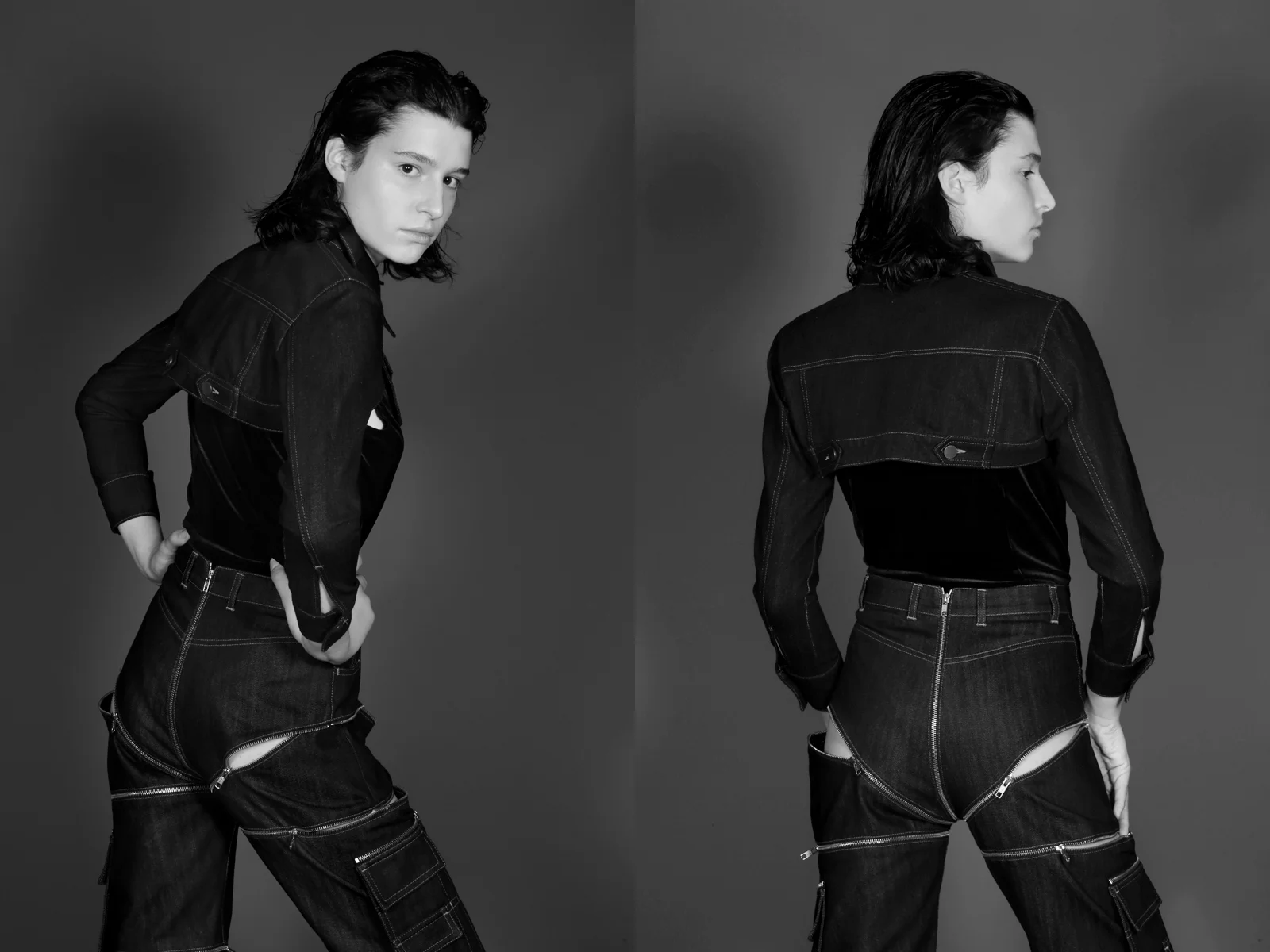 Cropped denim jacket, high waisted jeans with zipper detail and velvet bodysuit by hardeman