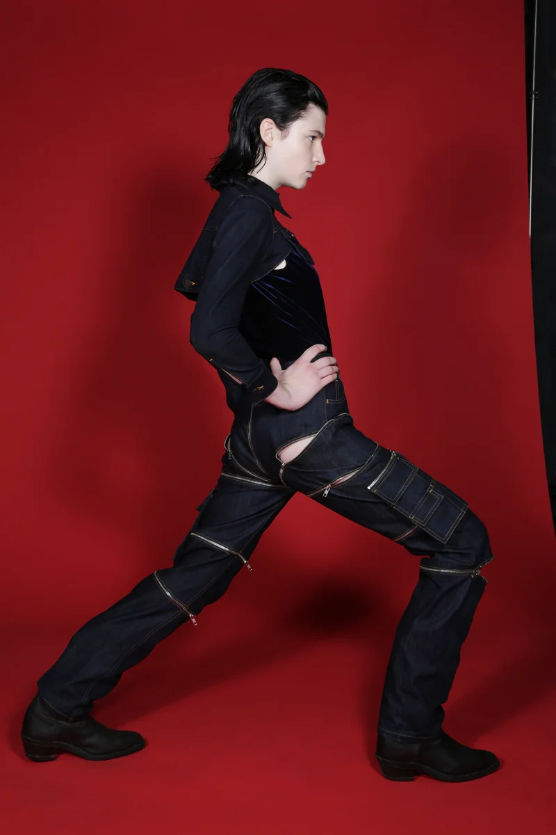Cropped denim jacket, high waisted jeans with zipper detail and velvet bodysuit by hardeman, Vintage boots Models own
