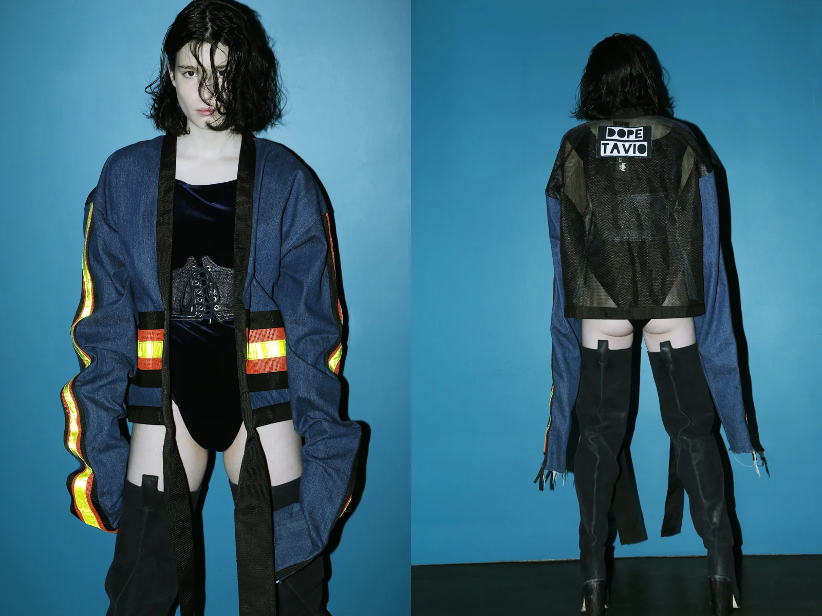 Denim jacket by dope tavio at patricia field, Velvet bodysuit, denim corset belt and leather boots by Hardeman