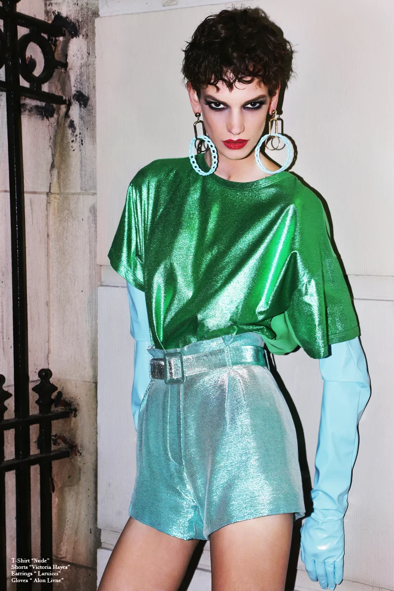 T-Shirt By NUDE, Shorts BY Victoria HAyes, Earrings By Laruicci, Gloves By Alon Livne