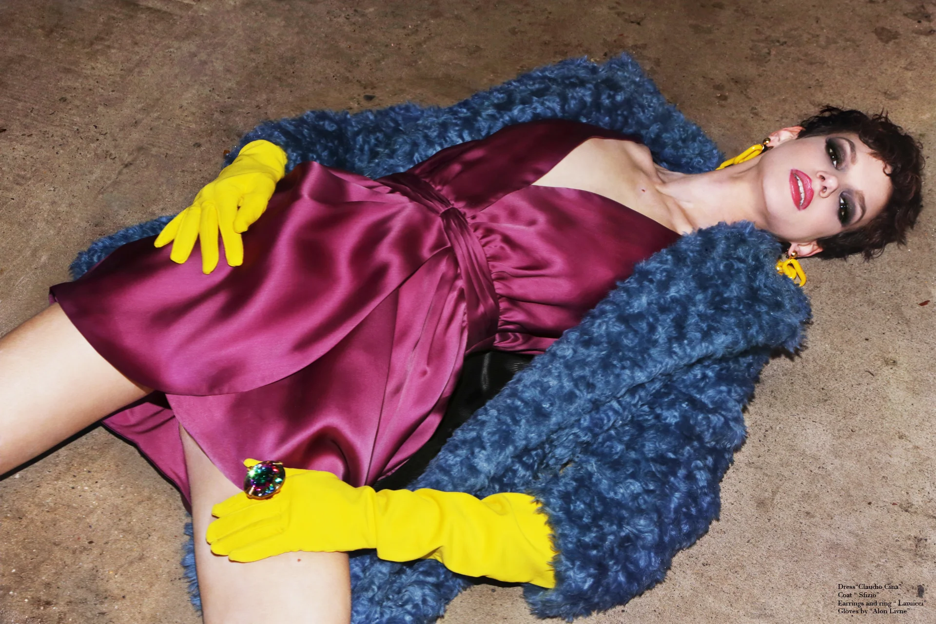 Dress by Claudio Cina, Coat by Sfizio, Earrings and Ring by Laruicci , GLOVES BY ALON LIVNE