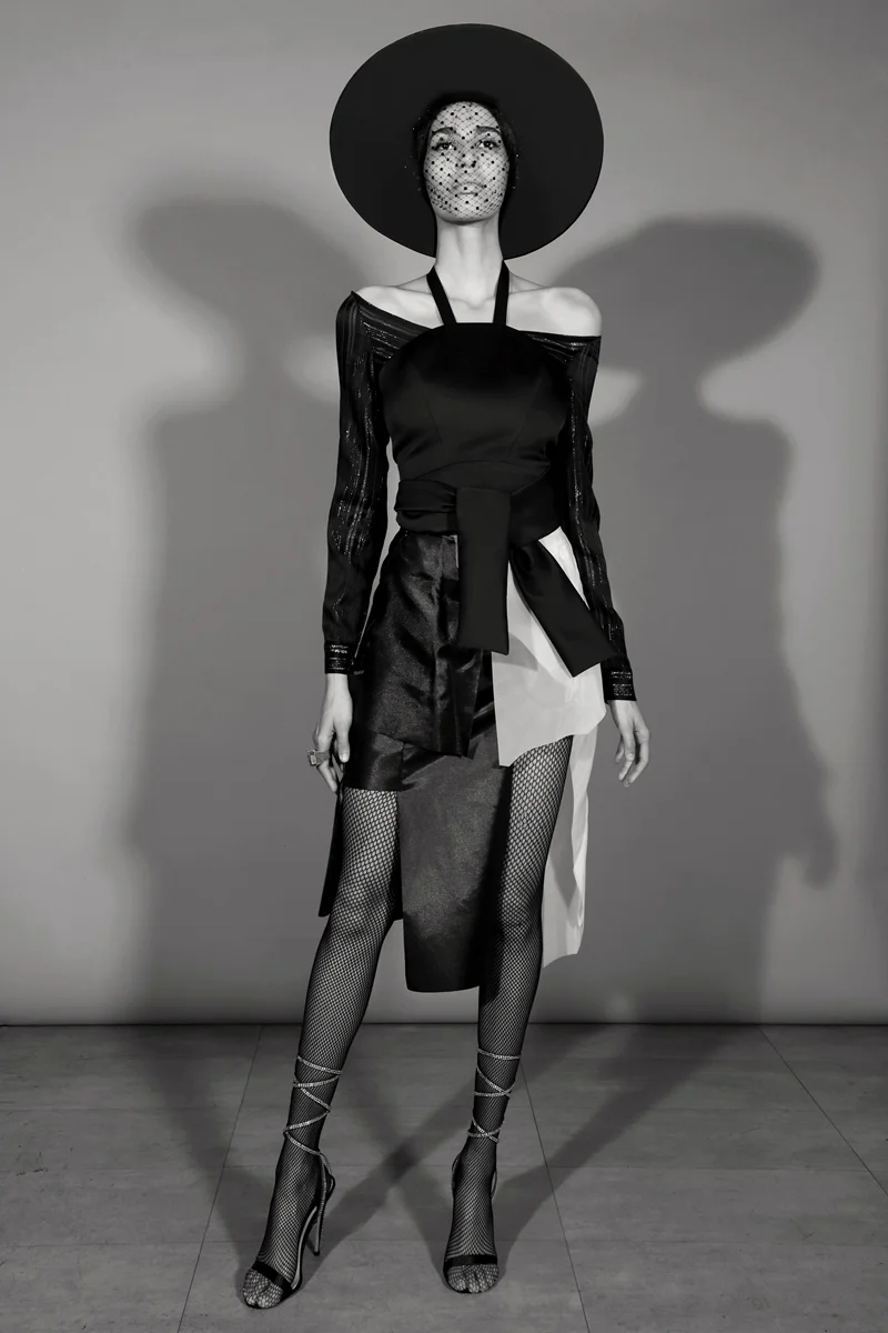 Hat by Victor Osborne, Veil by Victoria Hayes, Mya Off the Shoulder Top & Thesis Layered Skirt By Arianne Elmy, Tights By Wolford, Ring By Mariella Pilato at Dreams On AiR, Lace Up Shoes By Cult Of Coquette