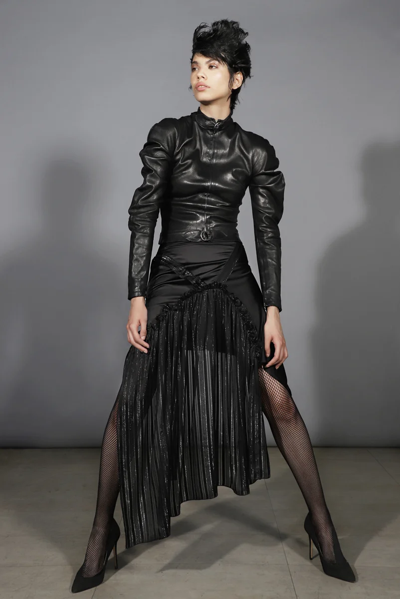 Leather Jacket By Carla Dawn Behrle NYC, Black Metallic Waterfall Skirt By Arianne Elmy, Tights By Wolford, Black Pumps By Cult Of Coquette