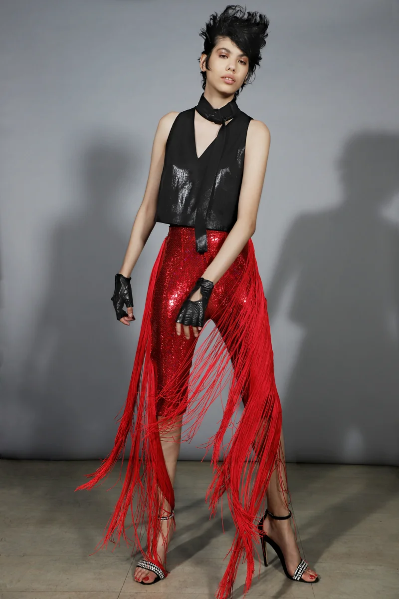 Black Top With Neck Tie By Cheng-Huai Chuang, Red Pants With Fringe By Cheng-Huai Chuang, Strappy Shoes By Cult Of Coquette, Fingerless Gloves By Wing & Weft Gloves