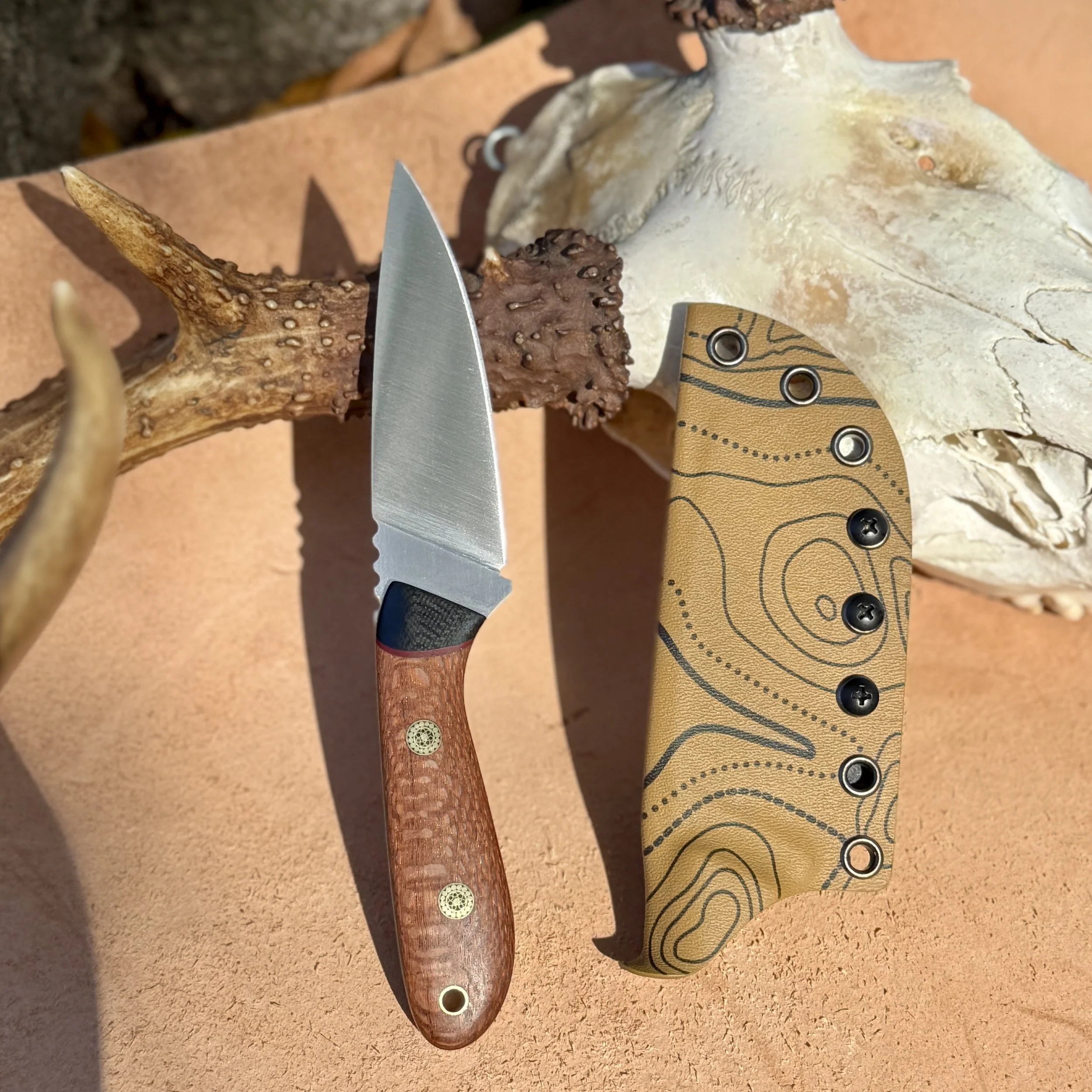 Fixed blade hunting knife with lacewood handle and custom topo Kydex sheath